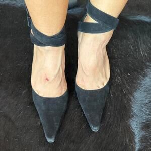 Vintage Stuart Weitzman Black suede crisscross ankle strap heels size 7.5